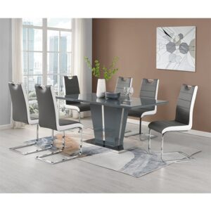 Memphis Large Grey Gloss Dining Table 6 Petra Grey White Chairs