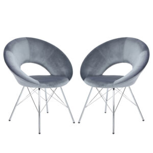 Orem Grey Velvet Dining Chairs With Chrome Metal Legs In Pair