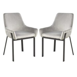Riva Grey Velvet Dining Chairs With Matt Black Legs In Pair