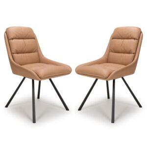 Addis Tan Leather Dining Chairs With Black Legs In Pair