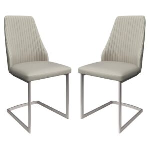 Madrid Light Grey Leather Dining Chairs With Steel Legs In Pair