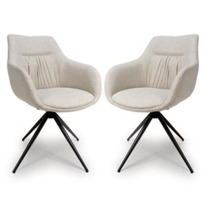 Buxton Swivel Carver Natural Fabric Dining Chairs In Pair