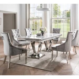 Arleen Large Marble Dining Table With 8 Bevin Pewter Chairs