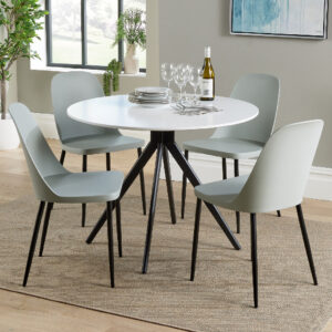 Arta Round White Wooden Dining Table 4 Curve Plastic Grey Chairs